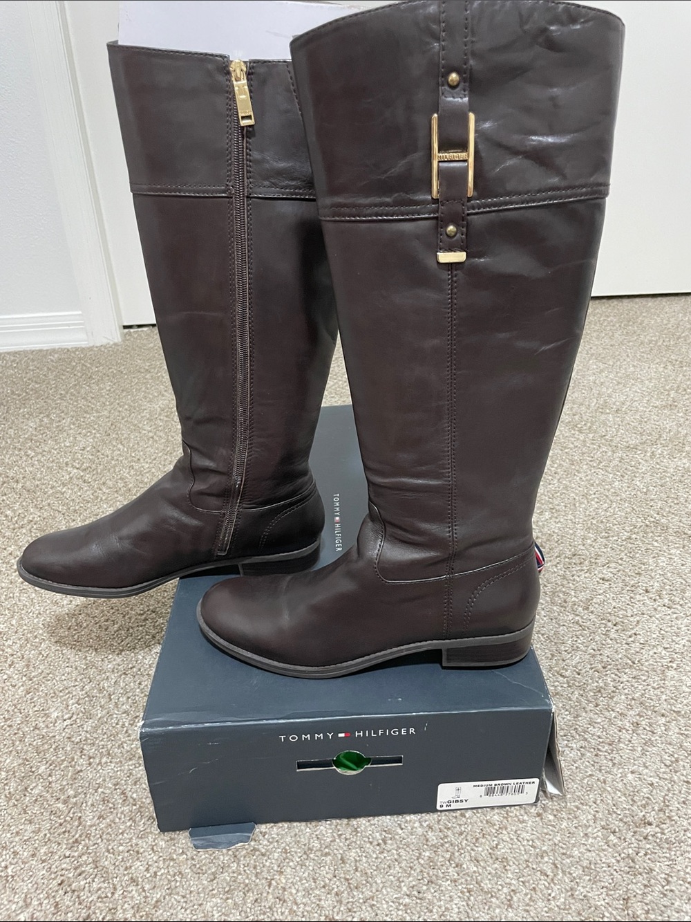 Tommy Hilfiger Brown leather knee high equestrian boot with gold buckle Size 9